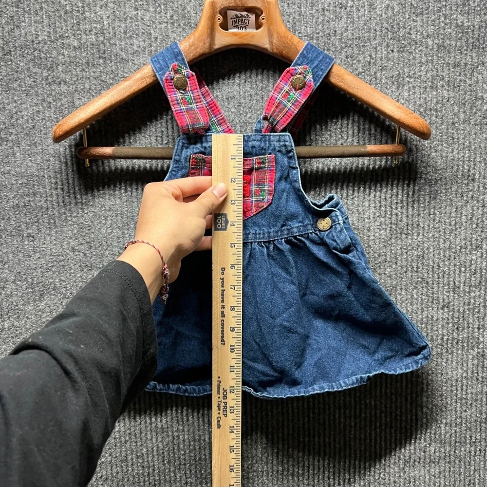 Vintage OshKosh Bgosh Jumper Dress Kids 2T Blue Denim Plaid Floral‎ Embroidered
